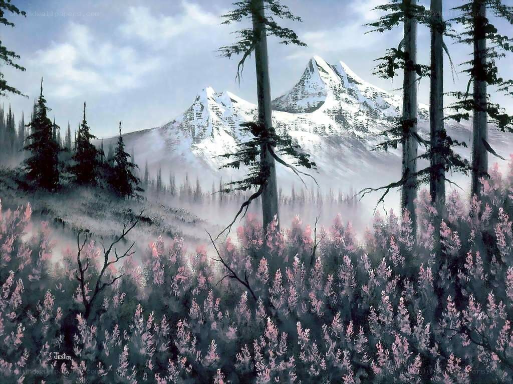 Mountain landscape with pink flowers