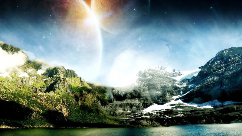 Mountain Landscape with Planet — Blue, Dramatic