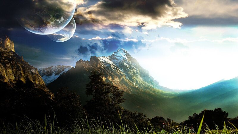 Mountain Landscape with Planets — Blue, Dramatic, Afternoon, Digital Art, Clouds