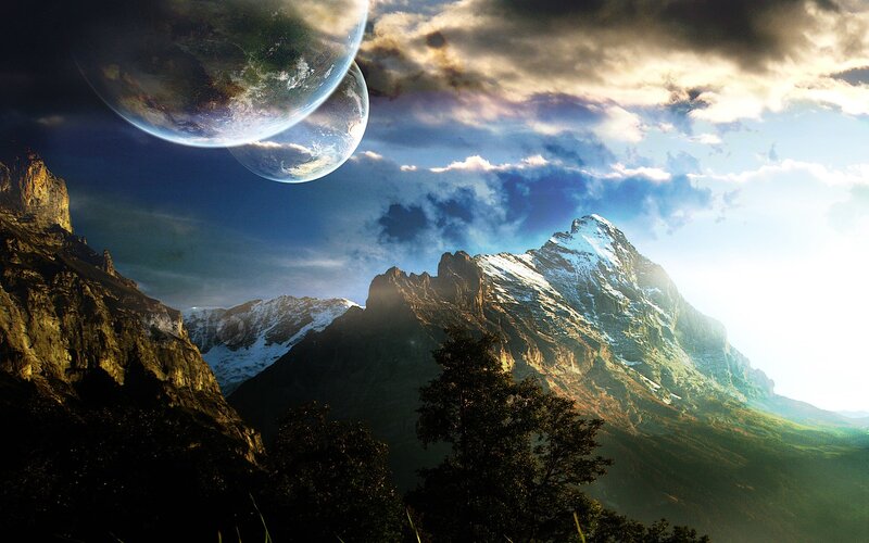 Mountain Landscape with Planets — Blue, Dramatic, Afternoon