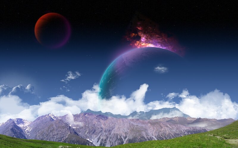 Mountain Landscape with Planets — Blue, Dramatic, Digital Art