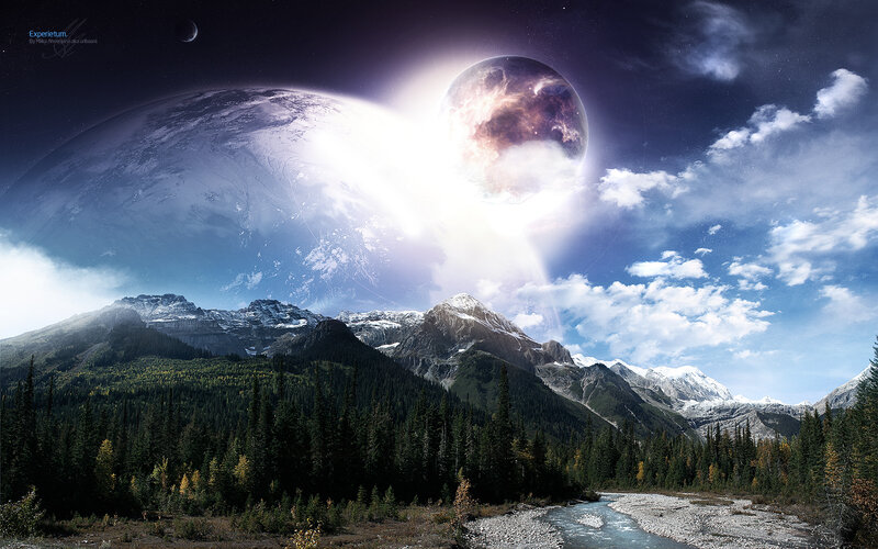Mountain Landscape with Planets — Blue, Dramatic, Night, Digital Art, Mountains