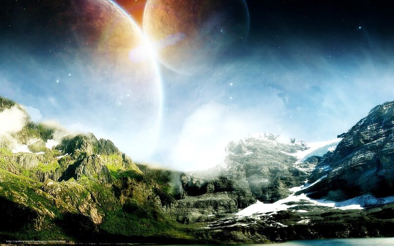 Mountain Landscape with Planets — Blue, Dramatic, Night, Digital Art, Stars