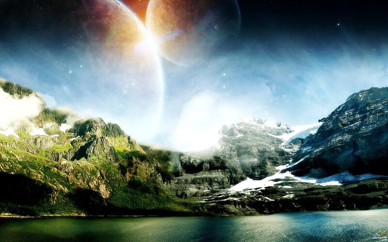 Mountain Landscape with Planets — Blue, Dramatic, Night