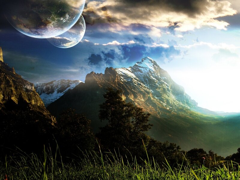 Mountain Landscape with Planets — Blue, Dramatic