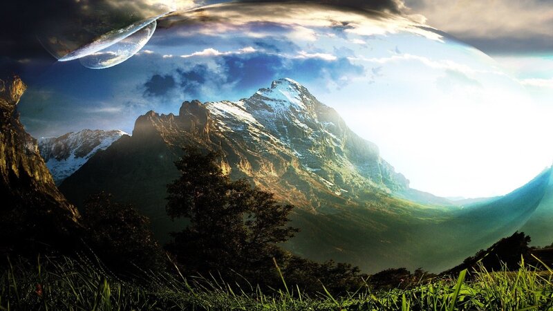 Mountain Landscape with Planets — Blue