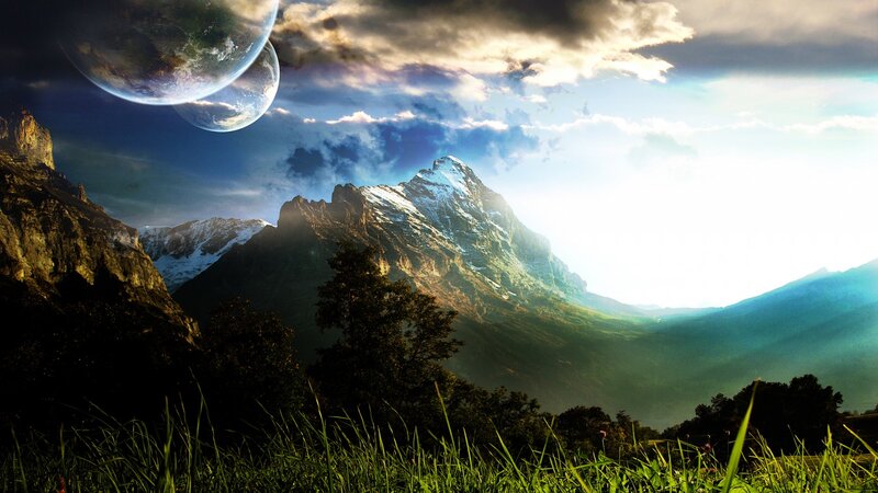 Mountain Landscape with Planets — Dramatic