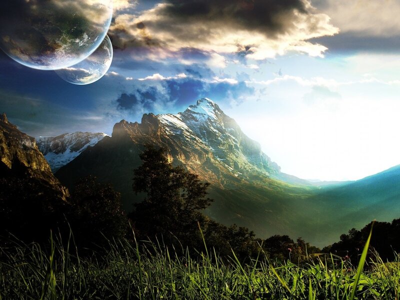 Mountain Landscape with Planets — Green, Dramatic, Morning, Digital Art, Clouds