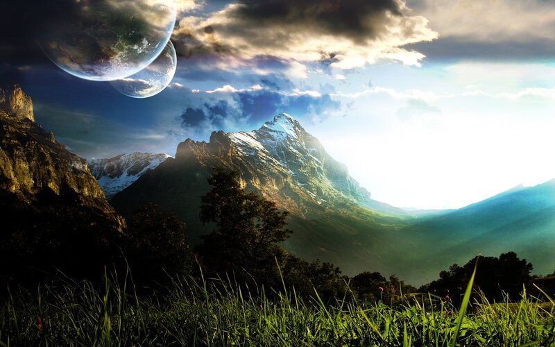 Mountain Landscape with Planets — Green, Dramatic, Morning, Digital Art, Clouds, Trees