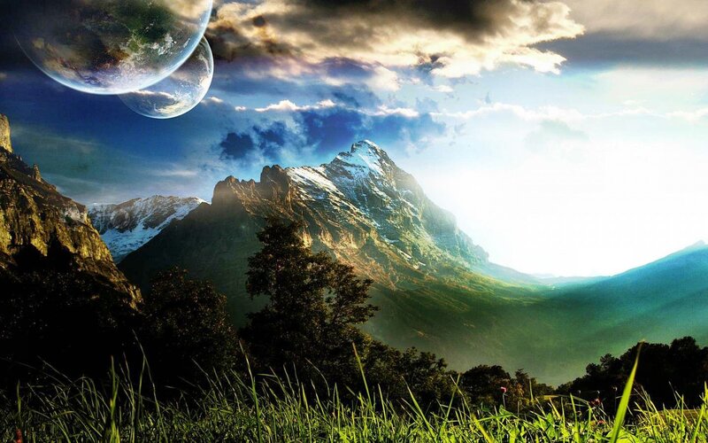 Mountain Landscape with Planets — Green, Dramatic