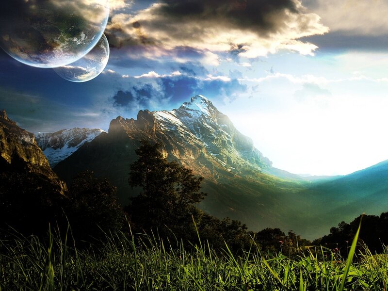 Mountain Landscape with Planets — Green
