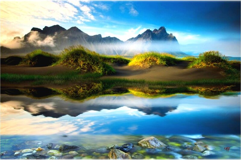 Mountain Landscape with Pond — Blue, Serene