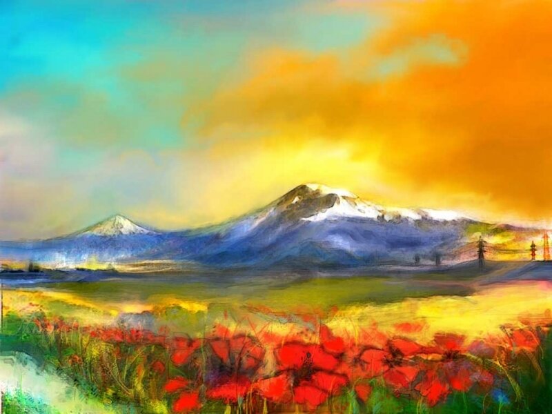 Mountain landscape with poppies