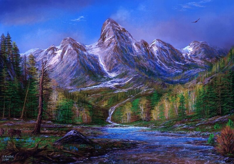 Mountain Landscape with River — Blue