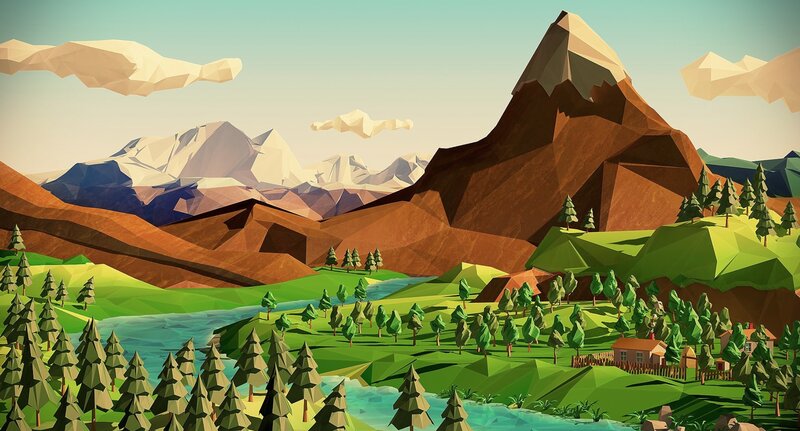 Mountain Landscape with River — Green, Serene, Afternoon, Digital Art