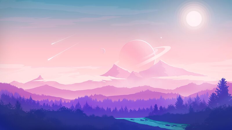 Mountain Landscape with River — Pink