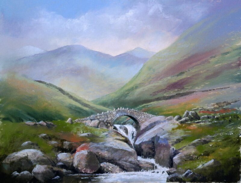 Mountain landscape with stone bridge