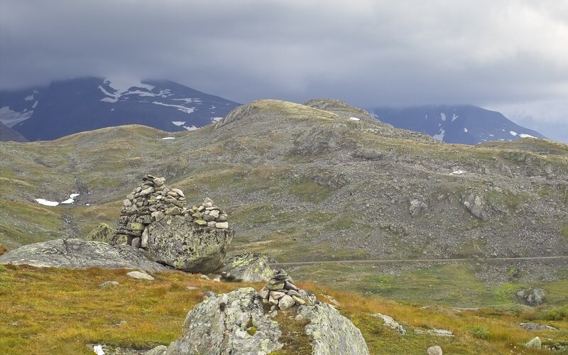 Mountain landscape with stone cairns
