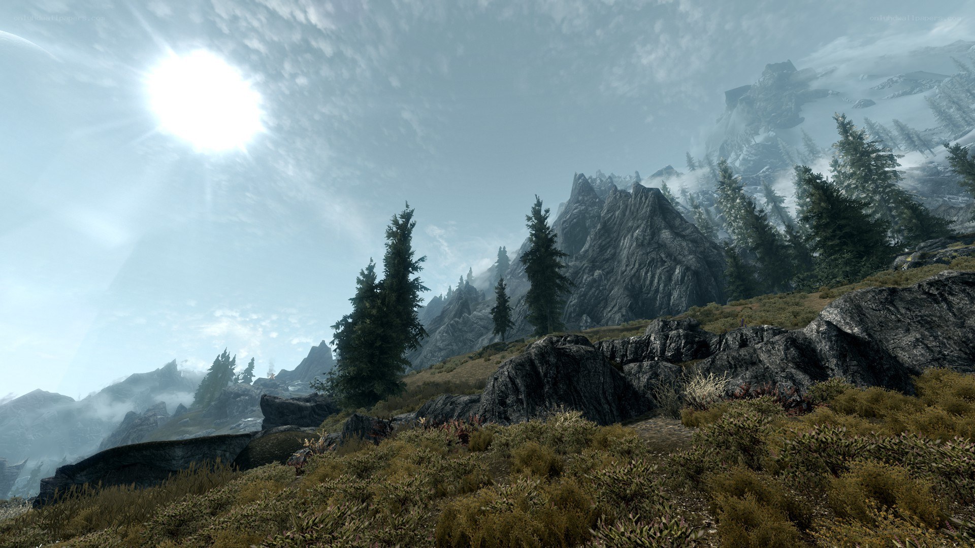 mountain landscape with sun