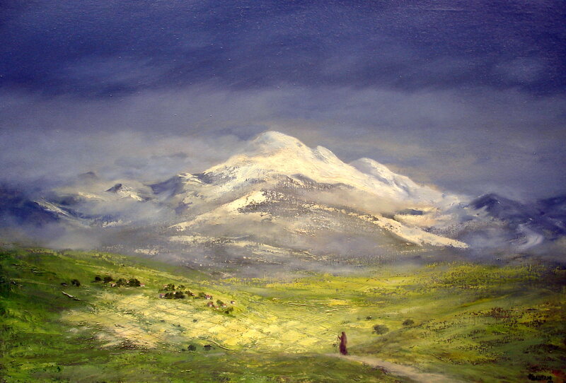 Mountain landscape with traveler