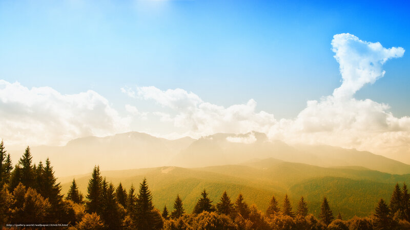 Mountain Landscape with Trees — Blue, Serene, Afternoon, Photograph, Clouds