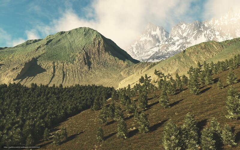 Mountain Landscape with Trees — Green, Serene, Afternoon, 3d Render