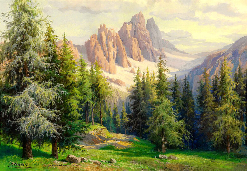 Mountain Landscape with Trees — Green, Serene, Afternoon, Painting, Mountains