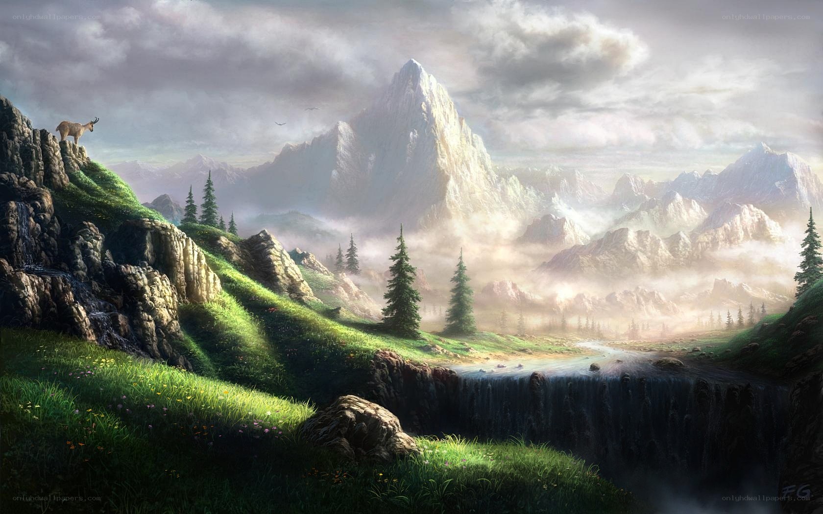 Mountain landscape with waterfall