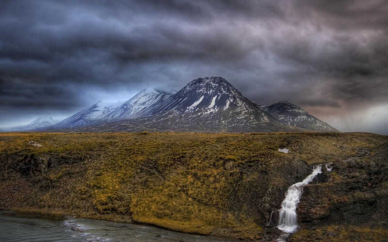 Mountain landscape with waterfall