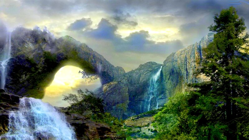 Mountain Landscape with Waterfall — Green, Dramatic, Afternoon