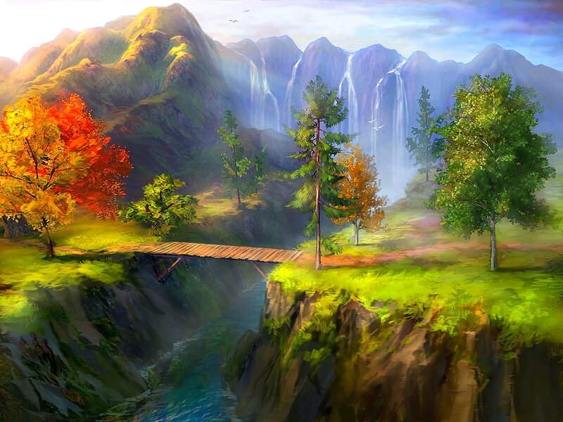 Mountain Landscape with Waterfall — Green, Serene, Afternoon