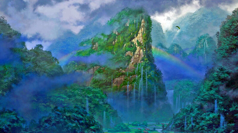 Mountain Landscape with Waterfall — Green, Serene, Digital Art