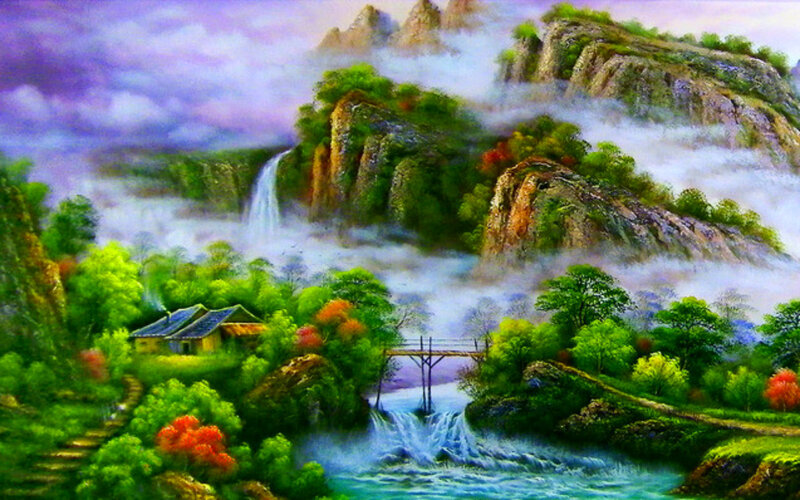 Mountain Landscape with Waterfall — Green, Serene, Painting