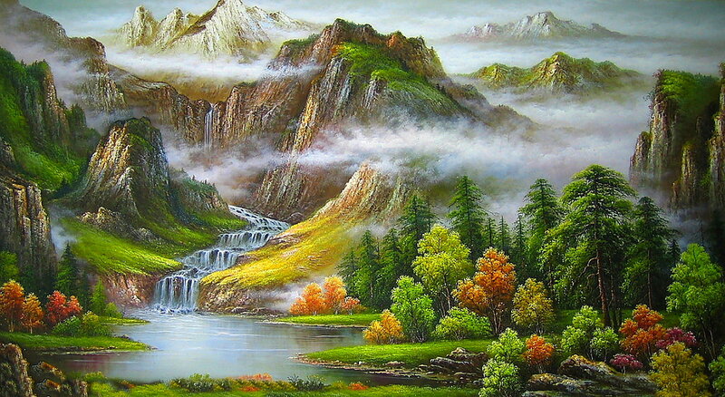 Mountain Landscape with Waterfall — Green, Serene