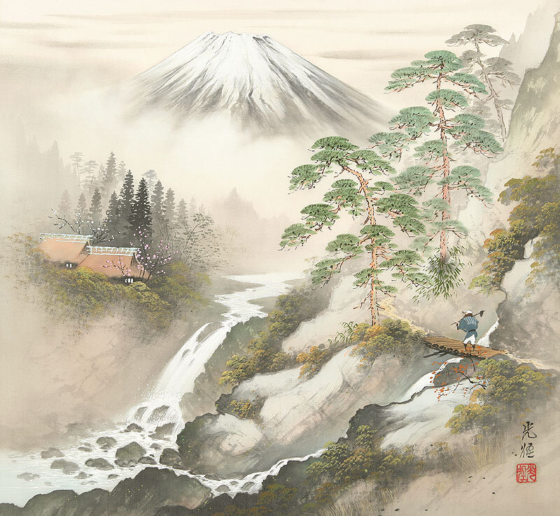 Mountain Landscape with Waterfall — Green