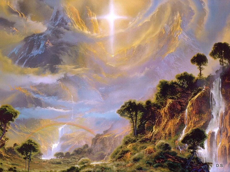 Mountain Landscape with Waterfall — Yellow, Dramatic