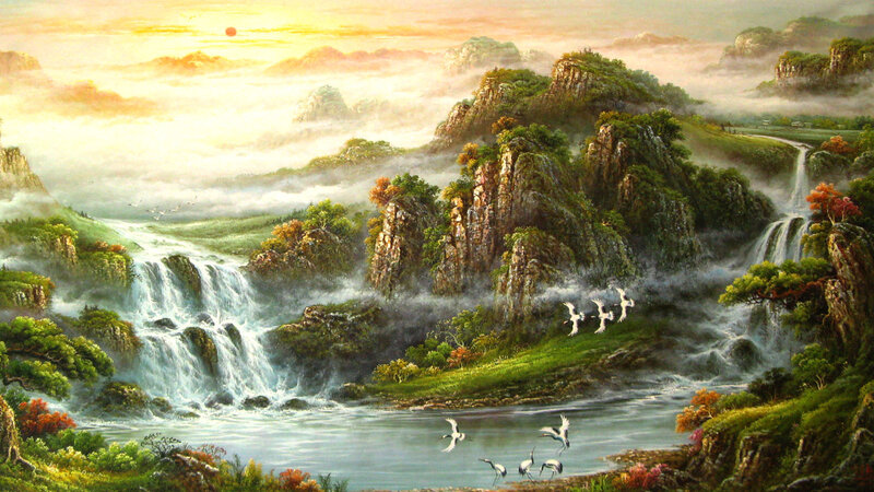 Mountain Landscape with Waterfalls — Green