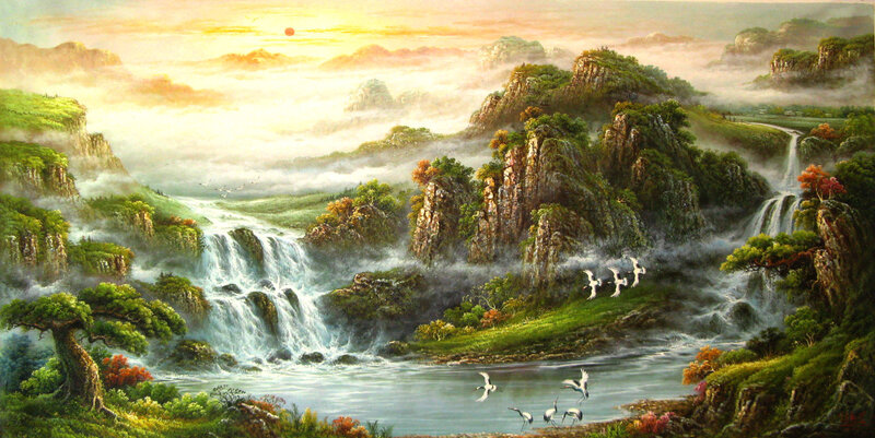 Mountain Landscape with Waterfalls