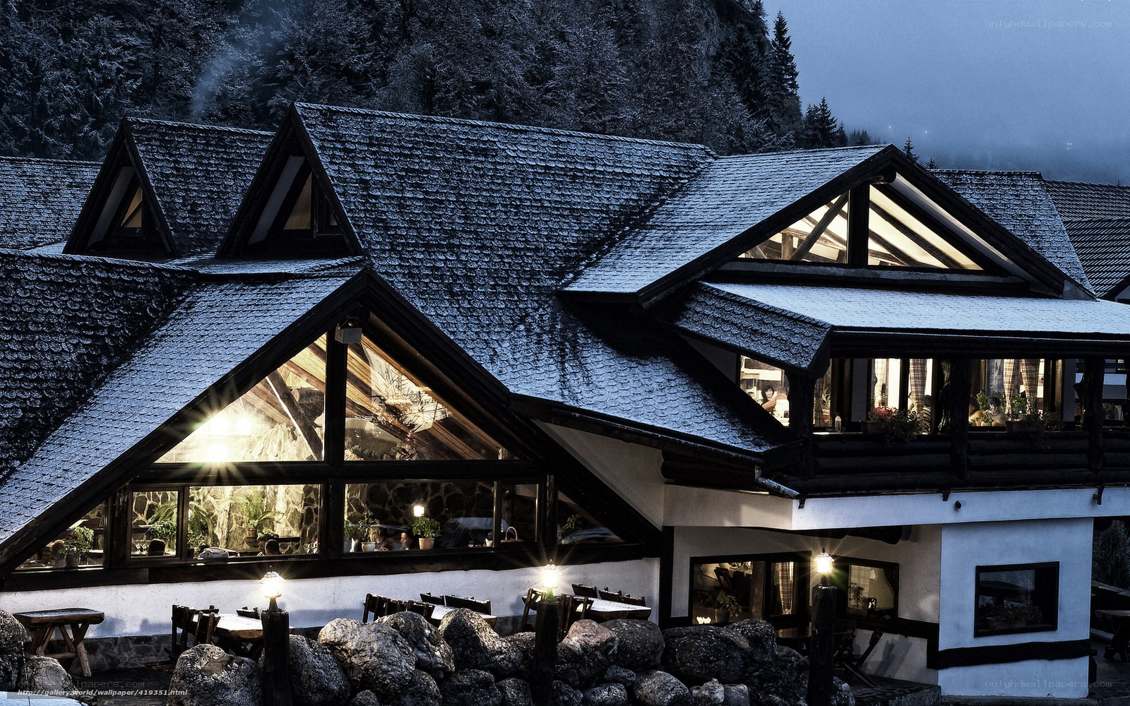 Mountain lodge at dusk