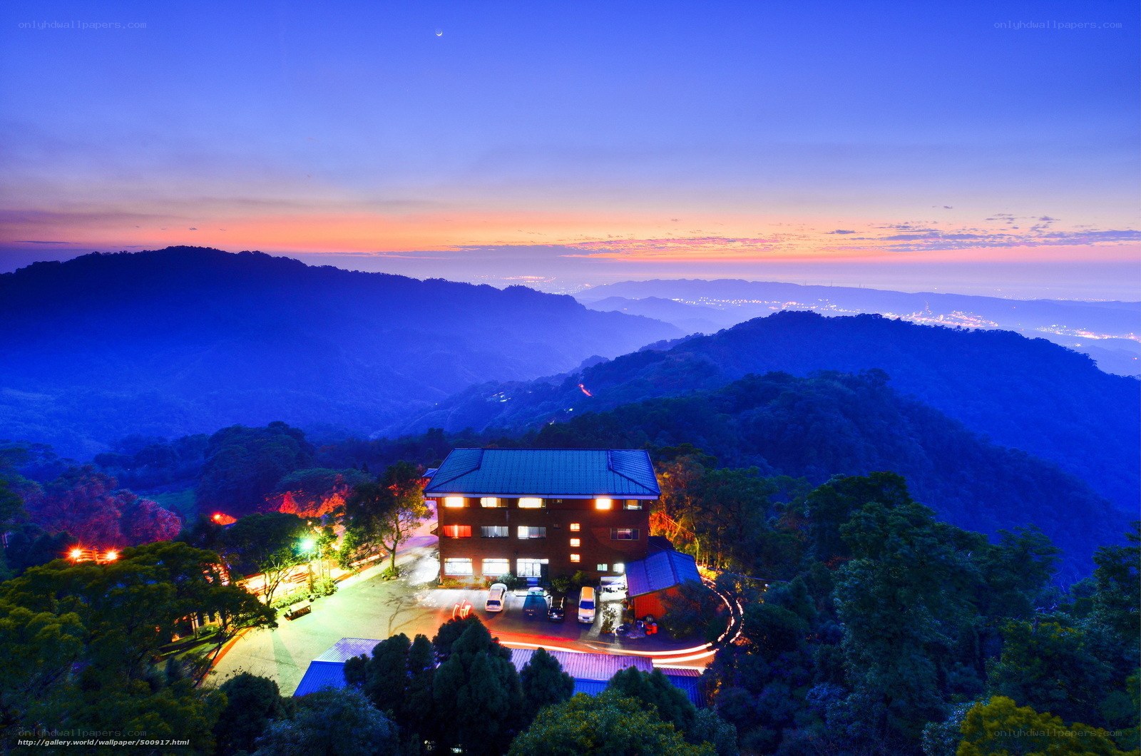 Mountain lodge at dusk