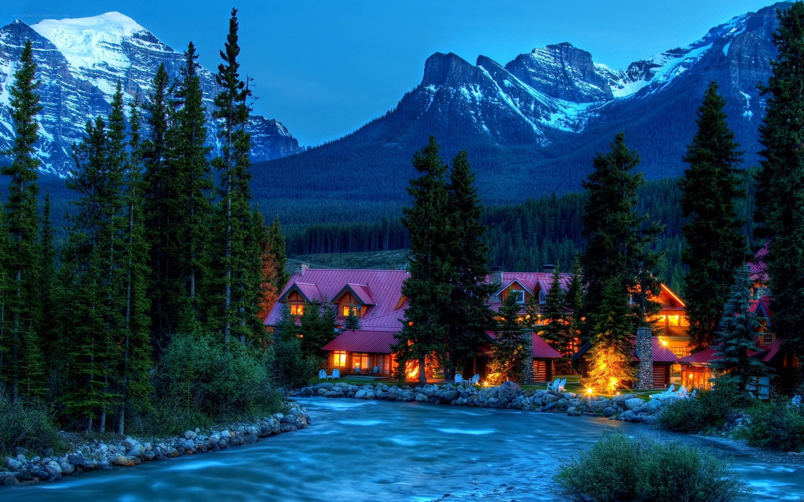 Mountain lodge at dusk
