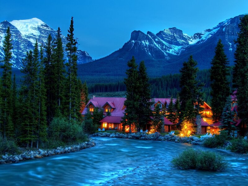 Mountain Lodge at Dusk — Blue, Serene