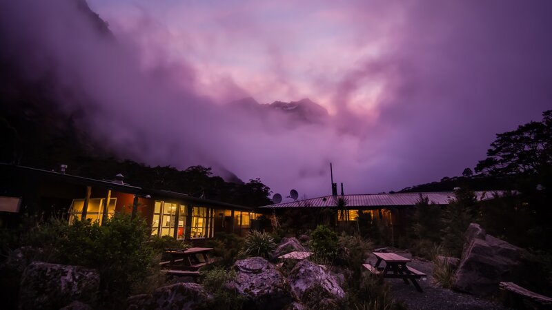 Mountain Lodge at Dusk — Purple