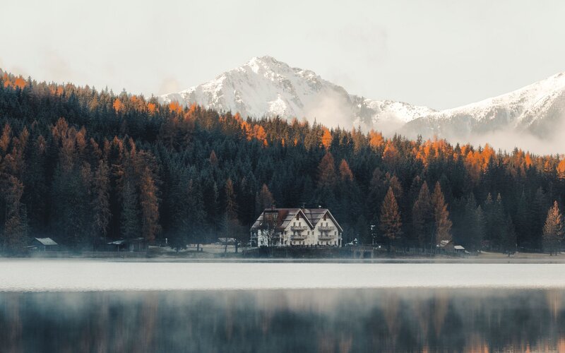 Mountain Lodge by Lake — Blue, Serene, Autumn, Photograph, Forest