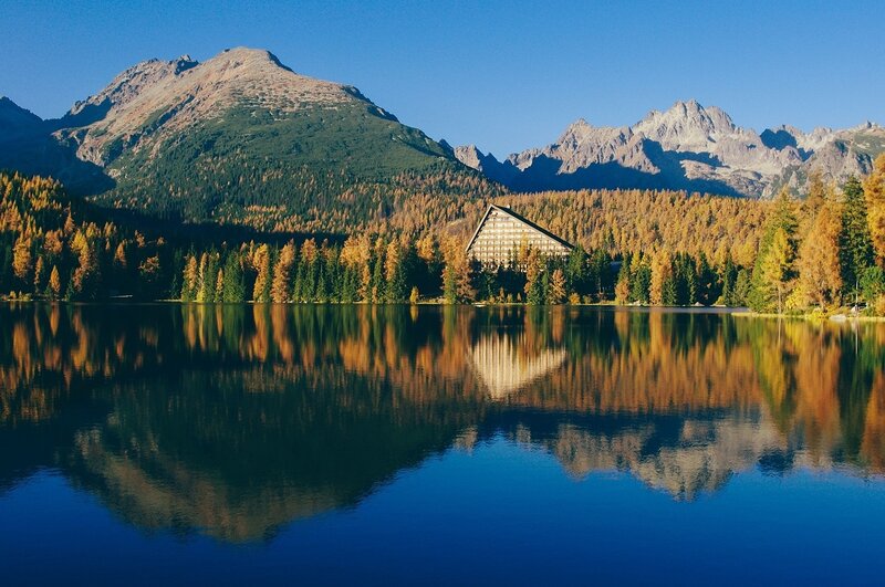 Mountain Lodge by Lake — Blue, Serene, Autumn