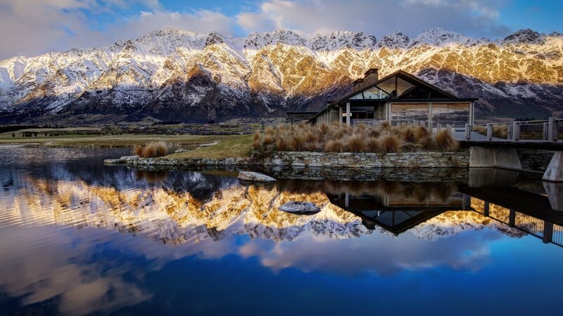 Mountain Lodge by Lake — Blue, Serene, Sunset