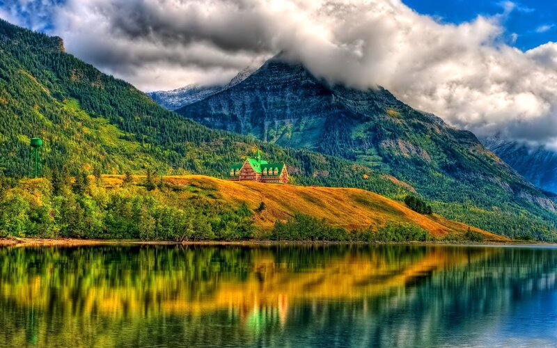 Mountain Lodge by Lake — Green, Dramatic, Afternoon