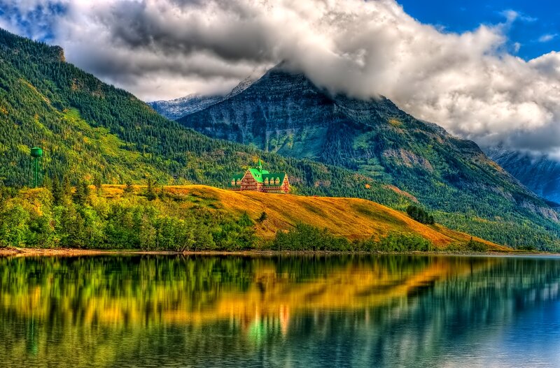 Mountain Lodge by Lake — Green, Dramatic