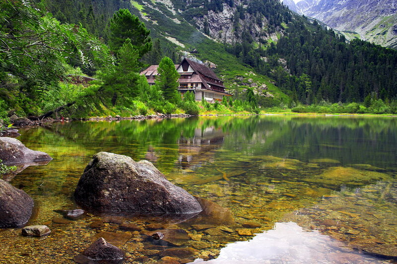 Mountain Lodge by Lake — Green, Serene