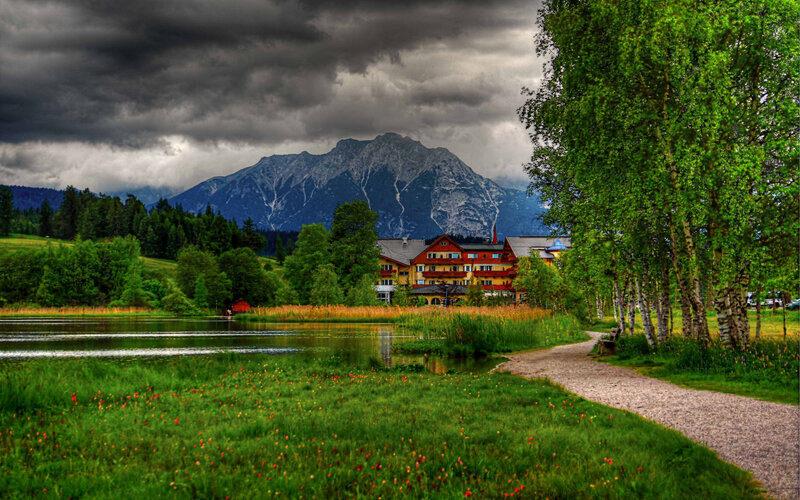 Mountain Lodge by Lake — Green